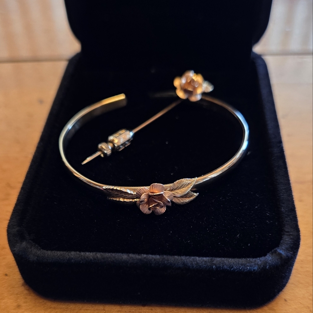 Vintage Signed Krementz Rose And Yellow Gold Cuff & Matching Pin